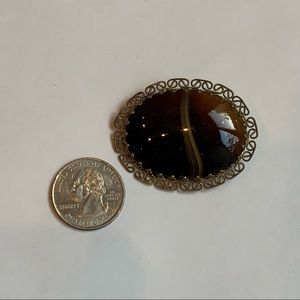 Brown and Gold Tone Agate Brooch from West Germany Vintage